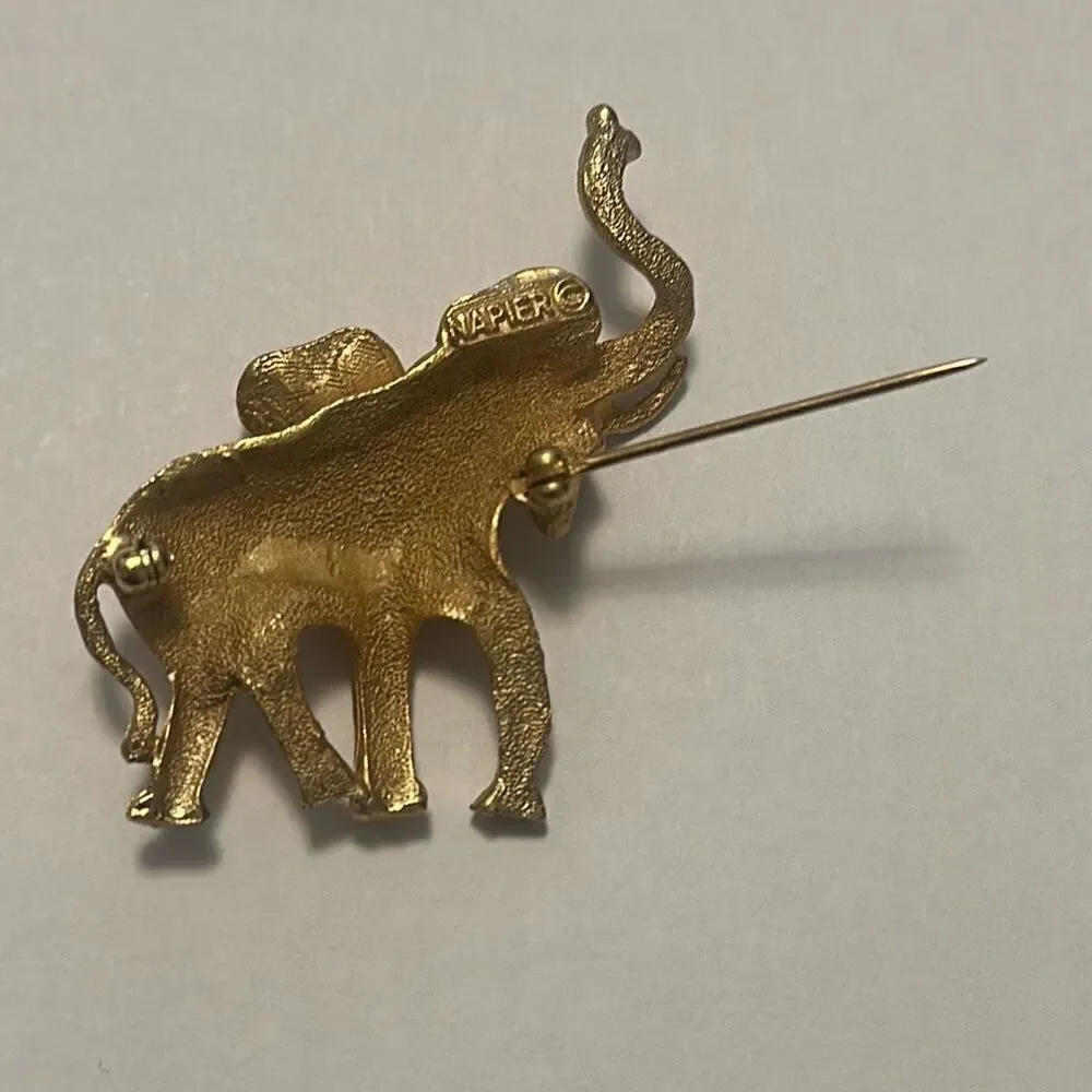 Vintage Napier Good Luck Elephant Brooch Pin Gold Tone Rhinestone